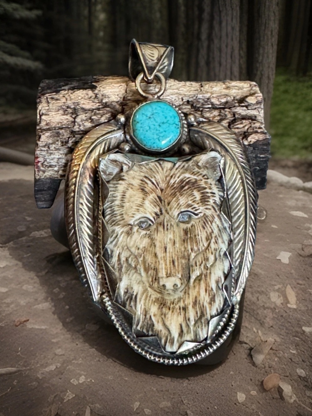 Handcrafted Bone Pendant,Bear Face Art,Floral Carving,Turquoise & Silver,40grams - Picture 3 of 10